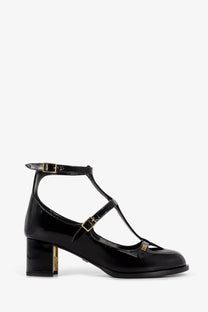 Dior women’s Aime Dior black patent leather Mary Jane pump with t-strap, gold-tone hardware, and block heel