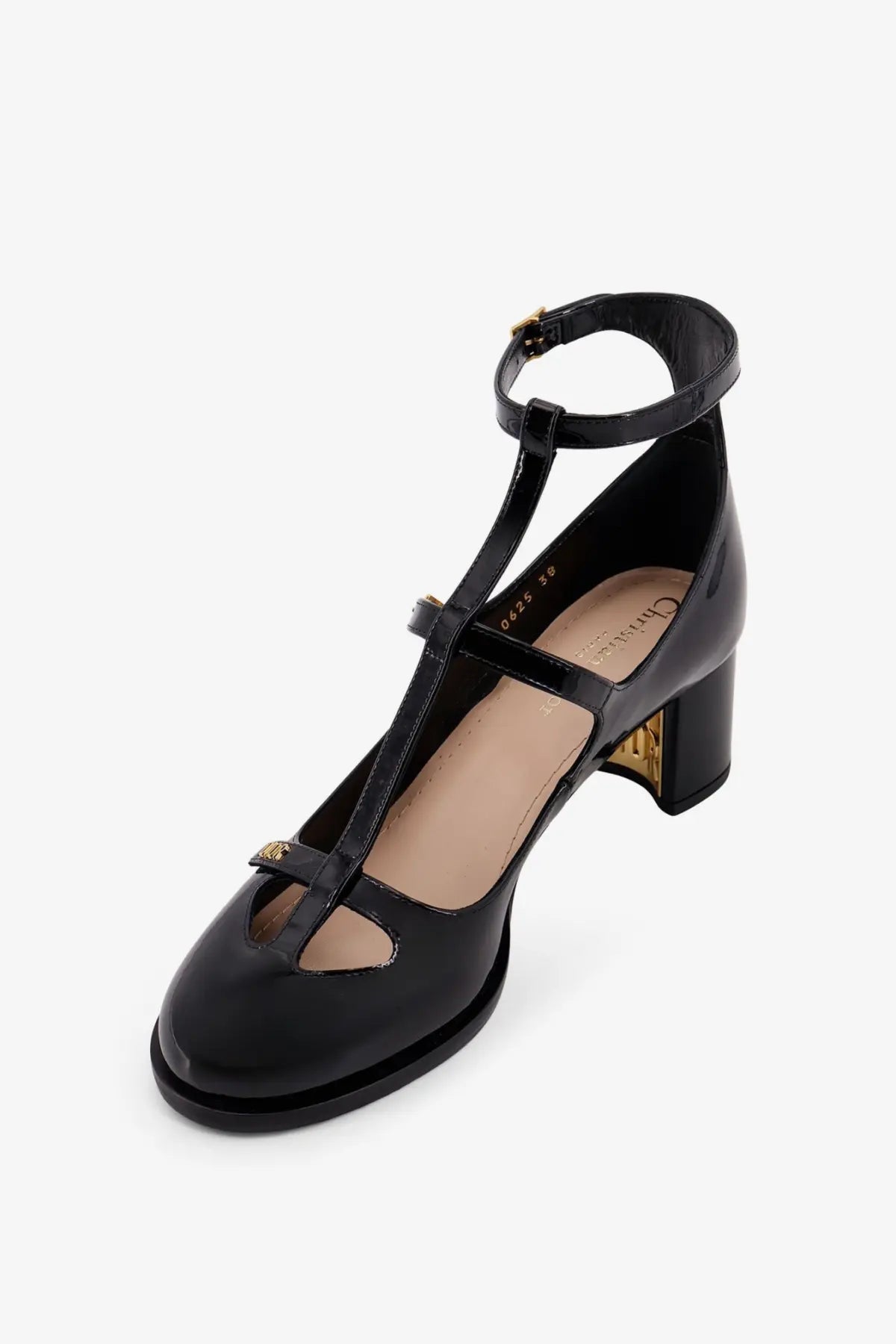 Dior women’s aime dior patent leather mary jane pumps in black with gold-tone heel and ankle strap
