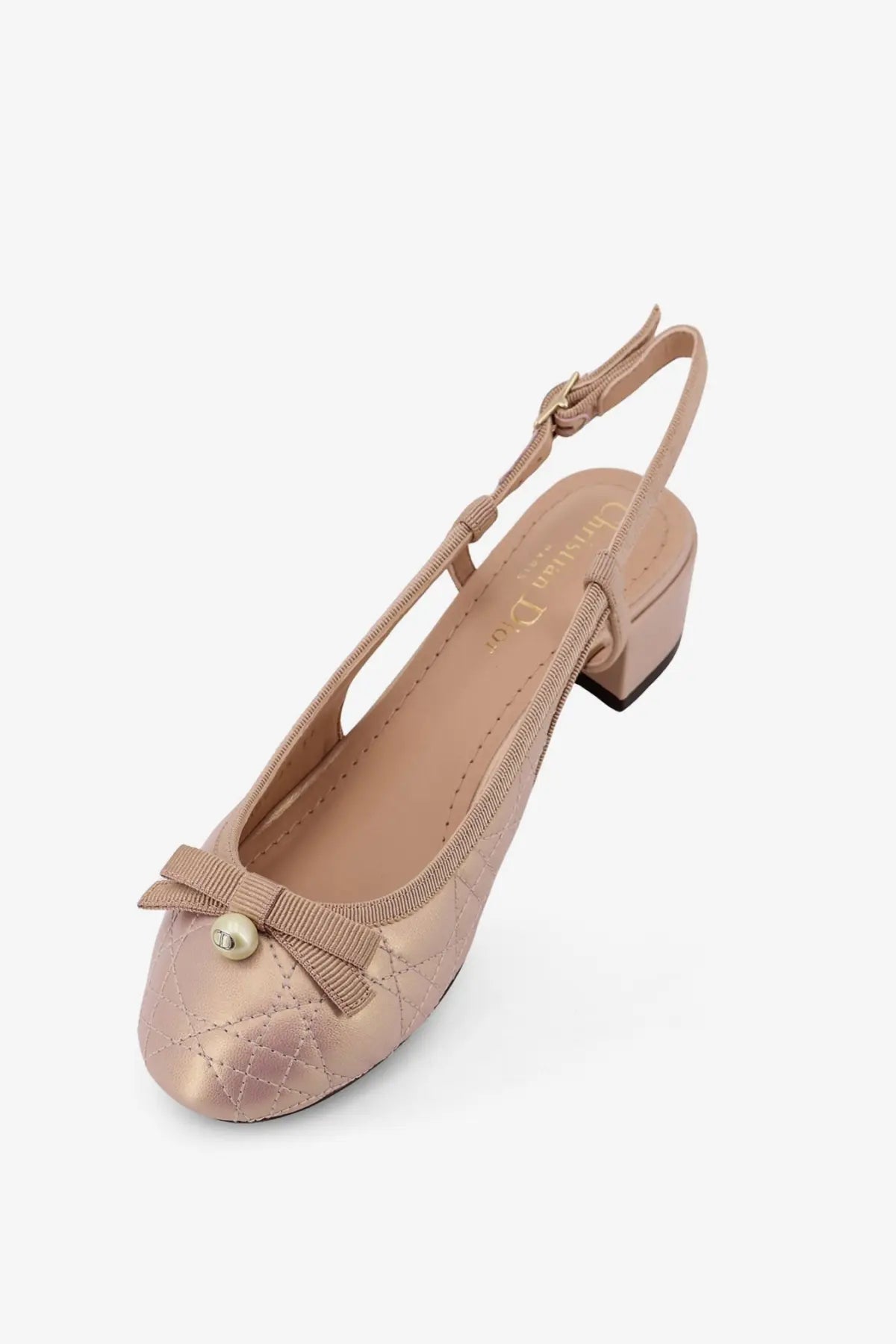 Dior women’s pink leather ballet pumps with beige quilted satin slingback, bow, and pearl accent