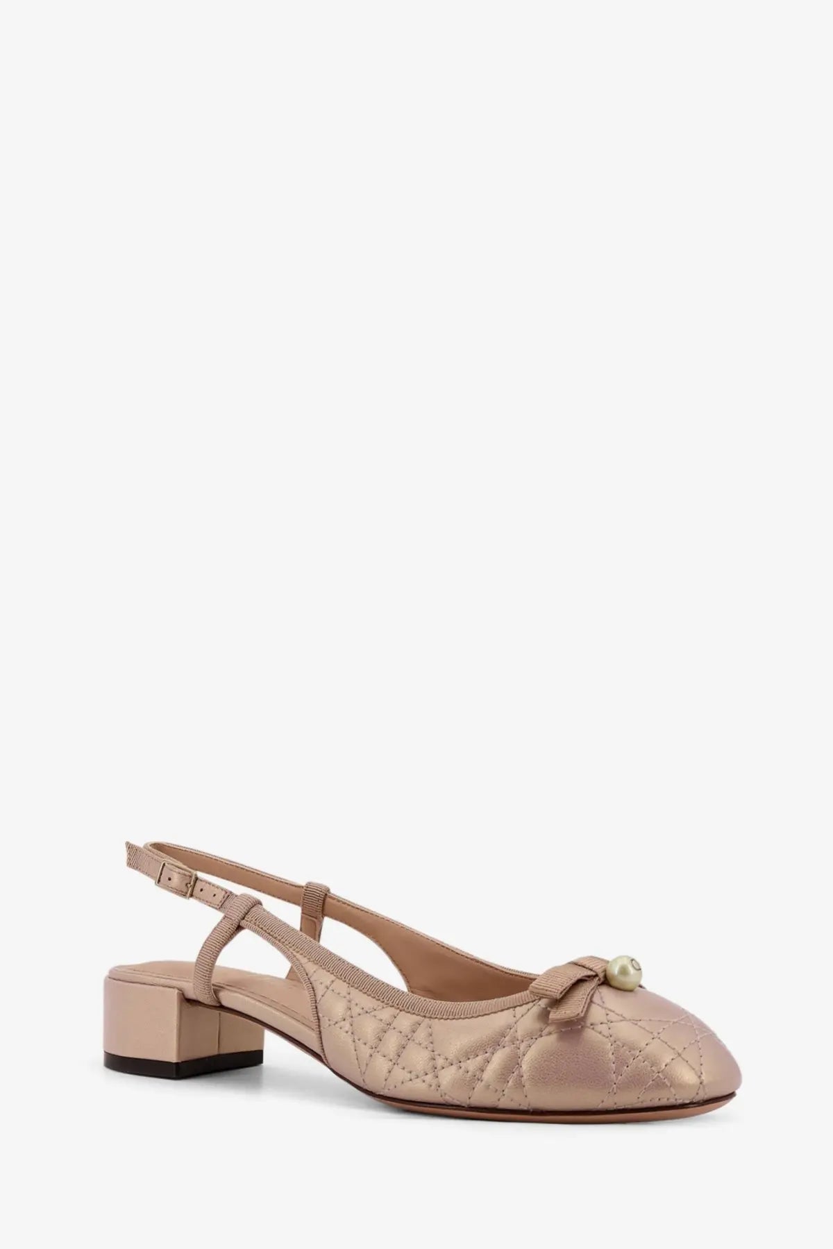 Beige quilted leather Dior slingback pump with pearl-adorned bow at toe in women’s pink ballet style