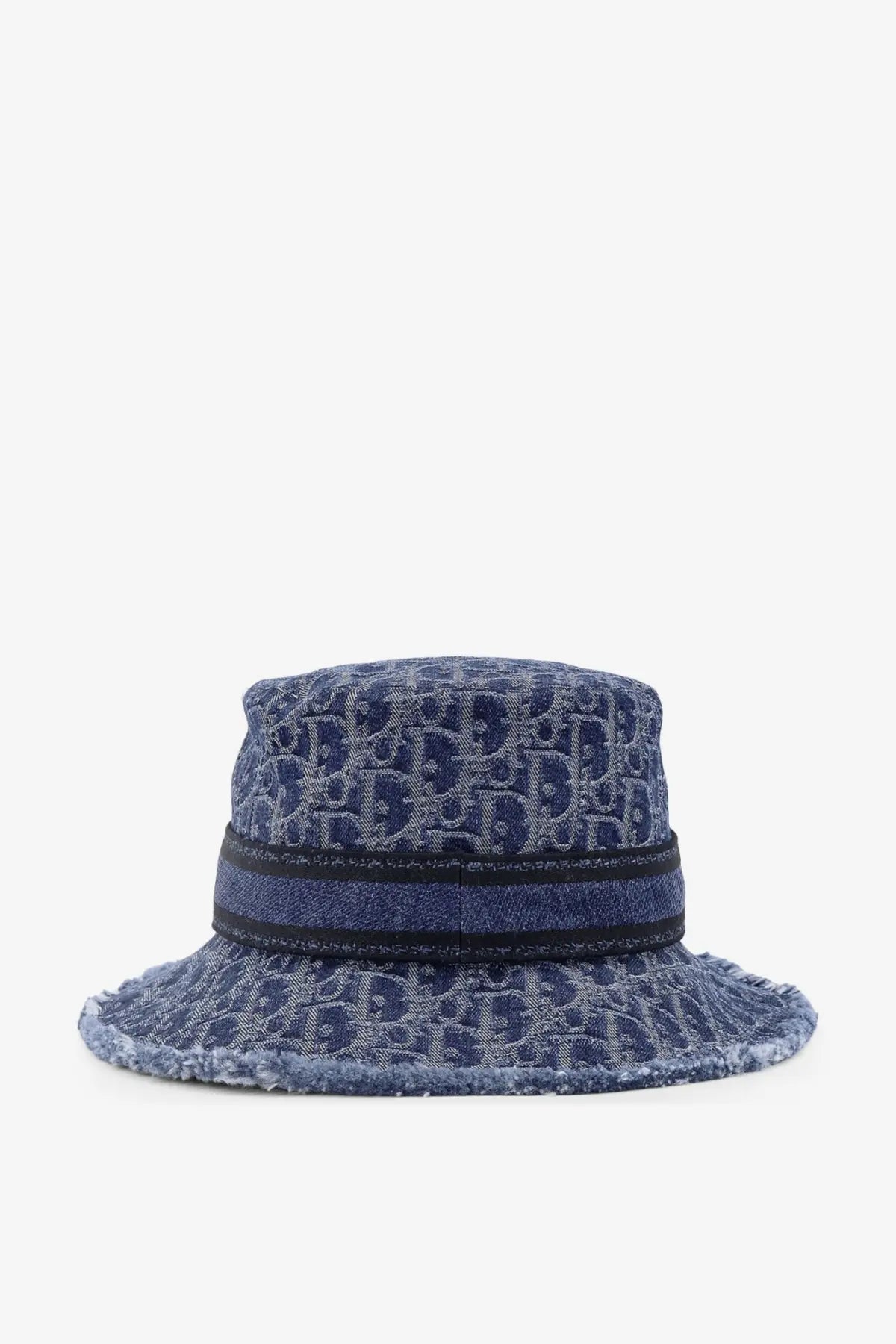 Dior women’s Bobby Dior oblique cloche blue denim bucket hat with repeating logo pattern and black ribbon band