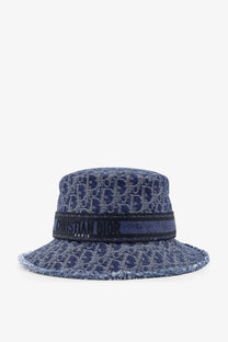 Dior women’s bobby dior oblique cloche blue bucket hat with repeating logo pattern and black band embroidered with christian dior paris