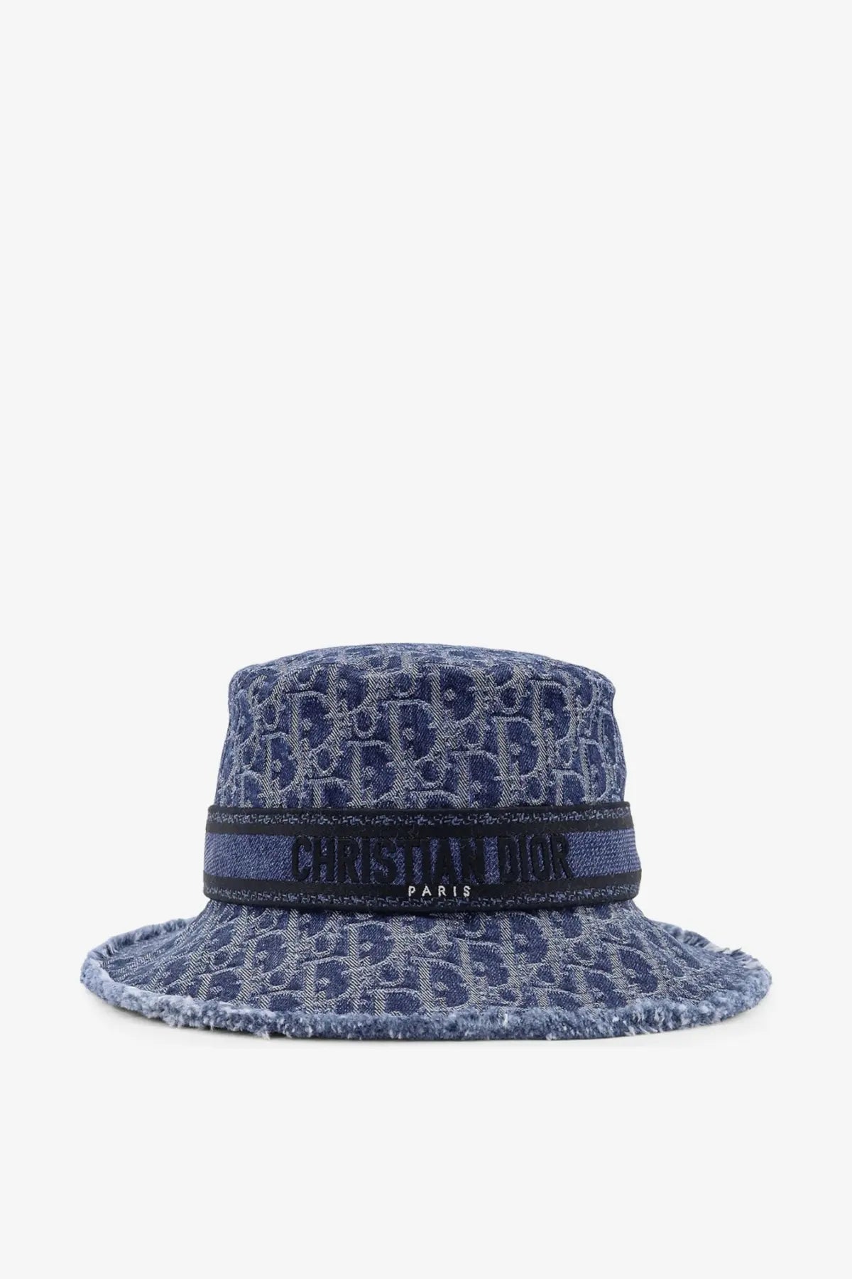 Dior women’s blue denim bucket hat with repeating dior logo pattern and black band embroidered with christian dior paris
