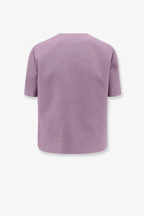 Dior women’s purple bouclé virgin wool blend blazer with soft lavender short-sleeved woven top and rounded neckline