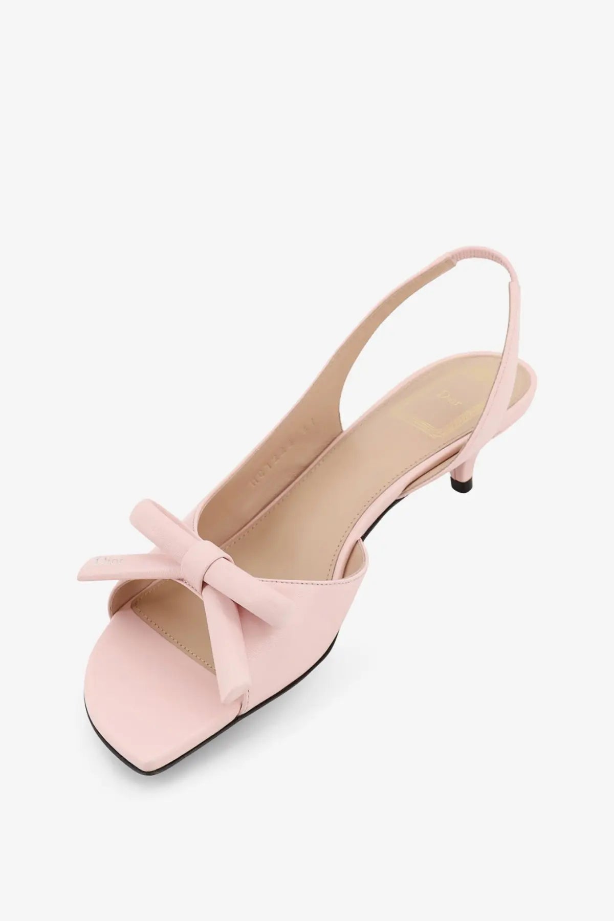 Dior women’s pink satin leather slingback sandal with square toe slender heel and elegant bow at the front