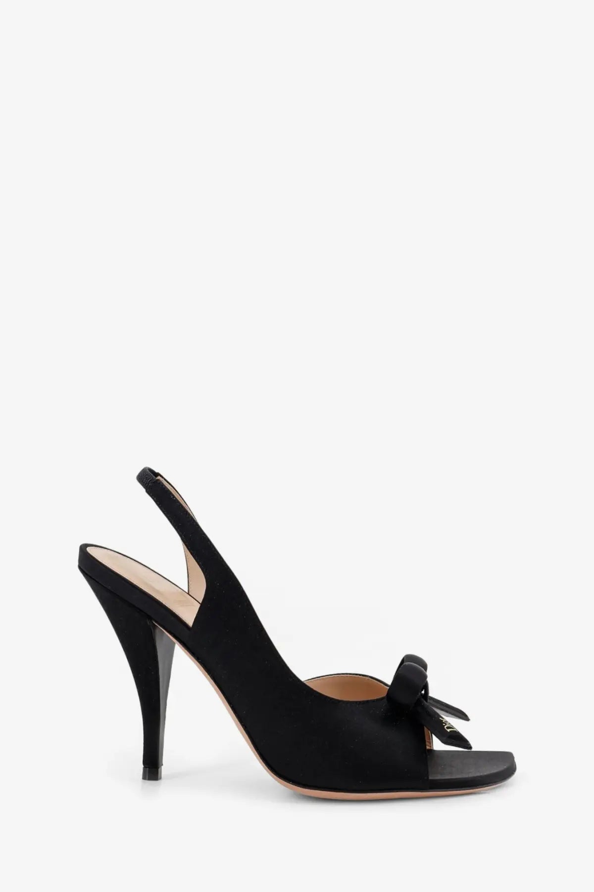 Dior women’s black satin slingback pump with bow detail at the toe from Dior bow satin sandals collection