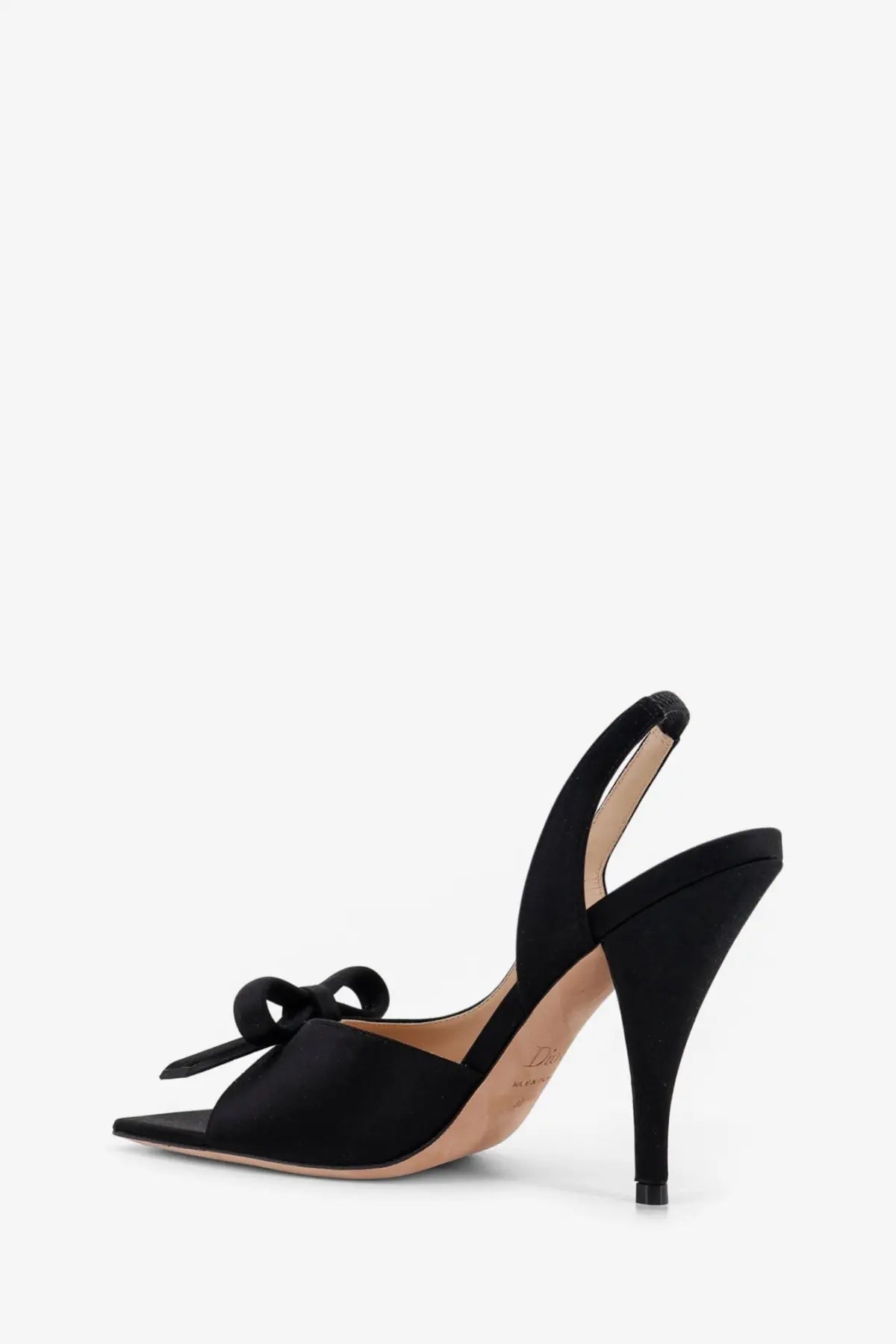 Black satin Dior women’s slingback sandal with bow detail at the toe perfect for elegant occasions