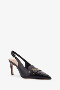 Dior women’s black leather slingback pump with pointed toe and gold-tone hardware by Christian Louboutin