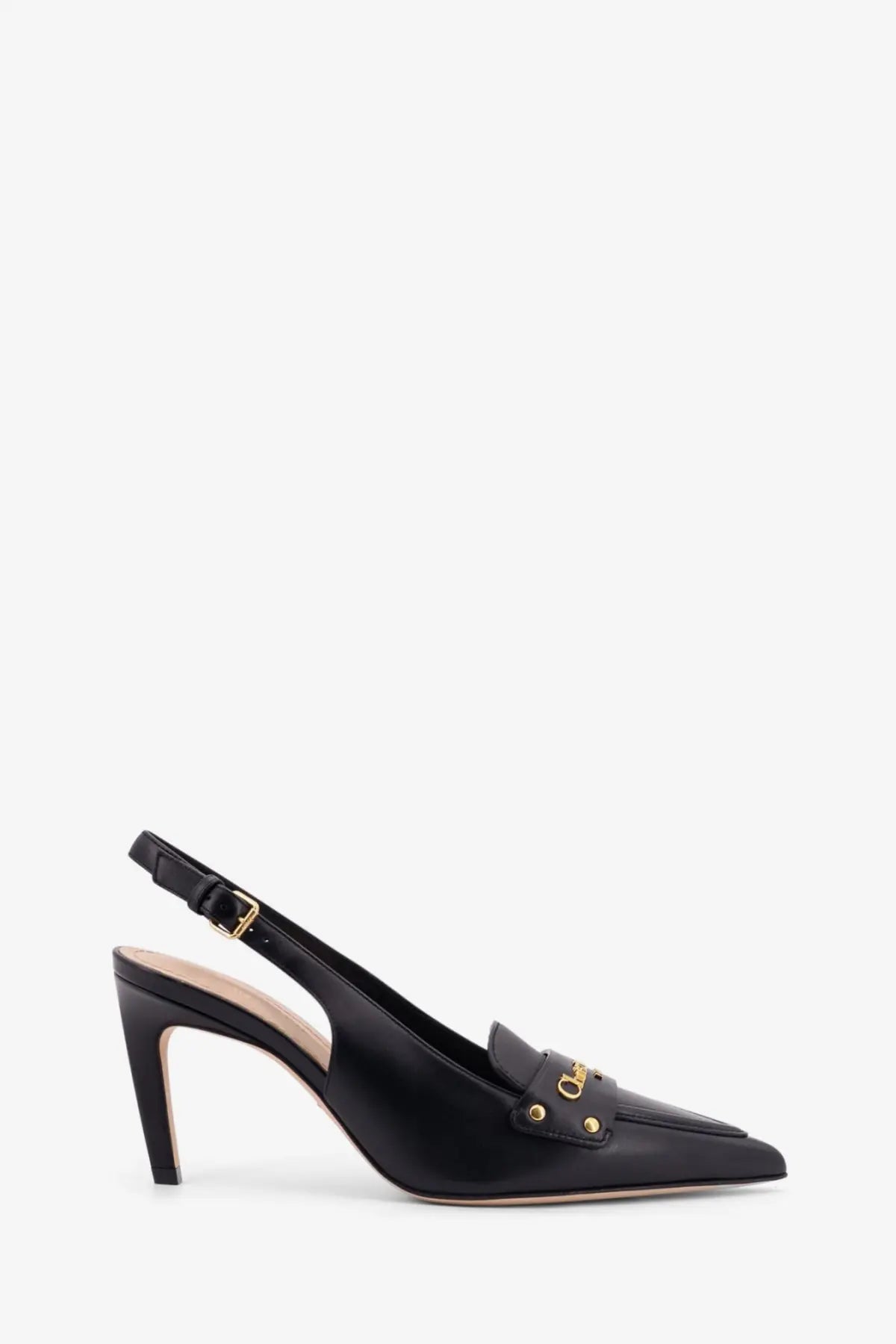 Dior women’s black leather slingback pump with gold-tone logo and studded accents in decolleté style