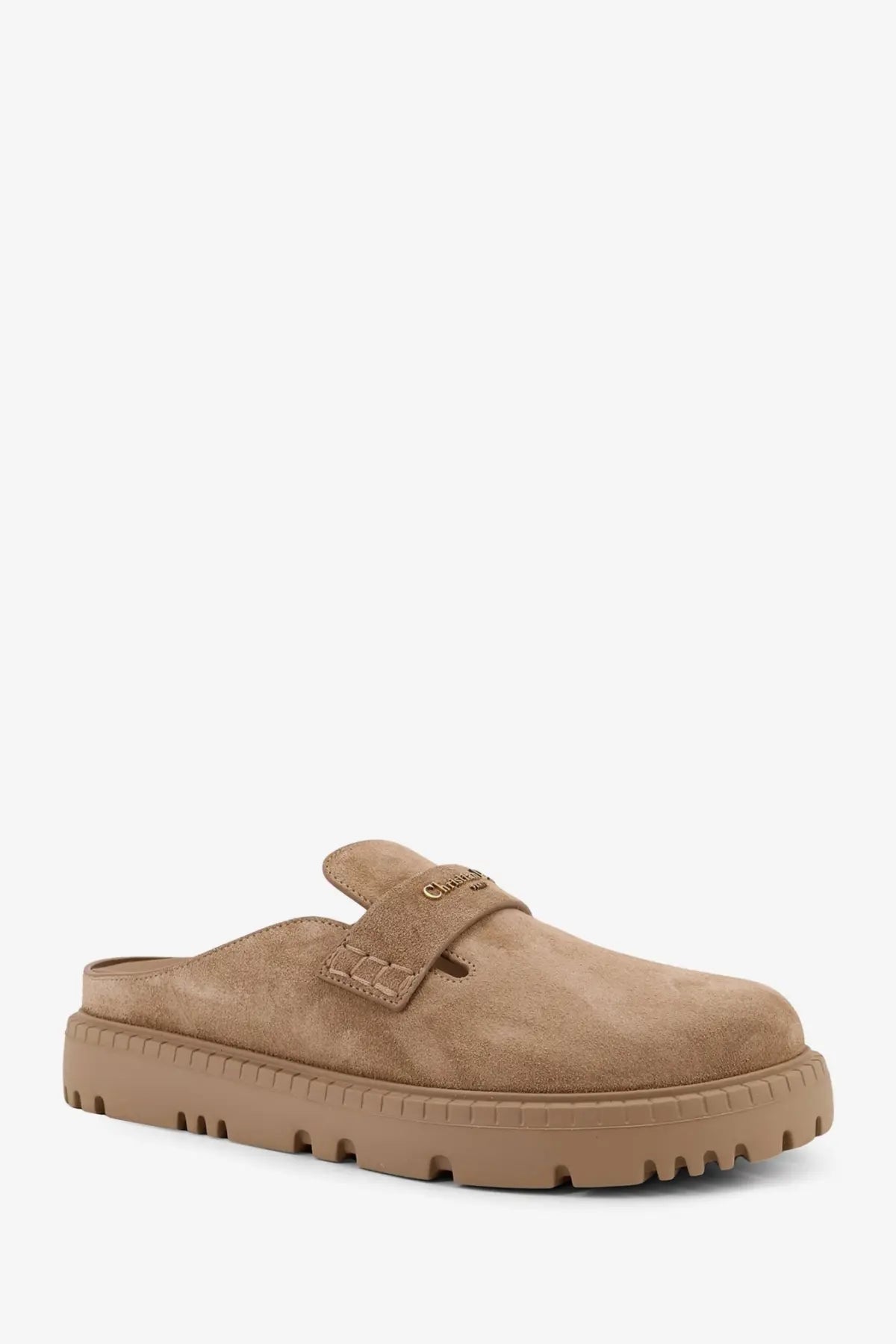 Dior women’s beige suede mule slip-on shoe with chunky rubber sole and small logo on the strap