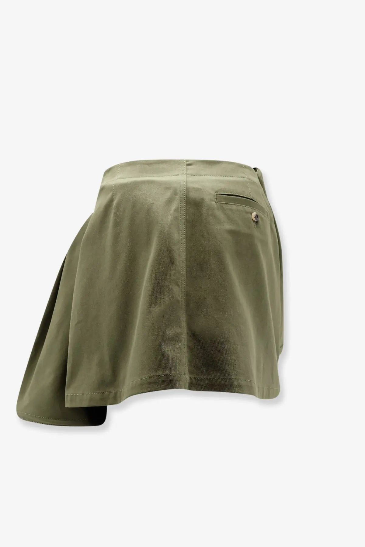 Dior women’s olive green canvas mini skirt with asymmetrical design and single back pocket showing back view