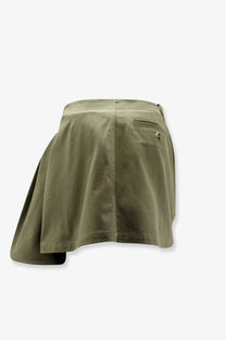 Back view of dior women’s canvas mini skirt vert in olive green with asymmetrical cut single back pocket and subtle stitching