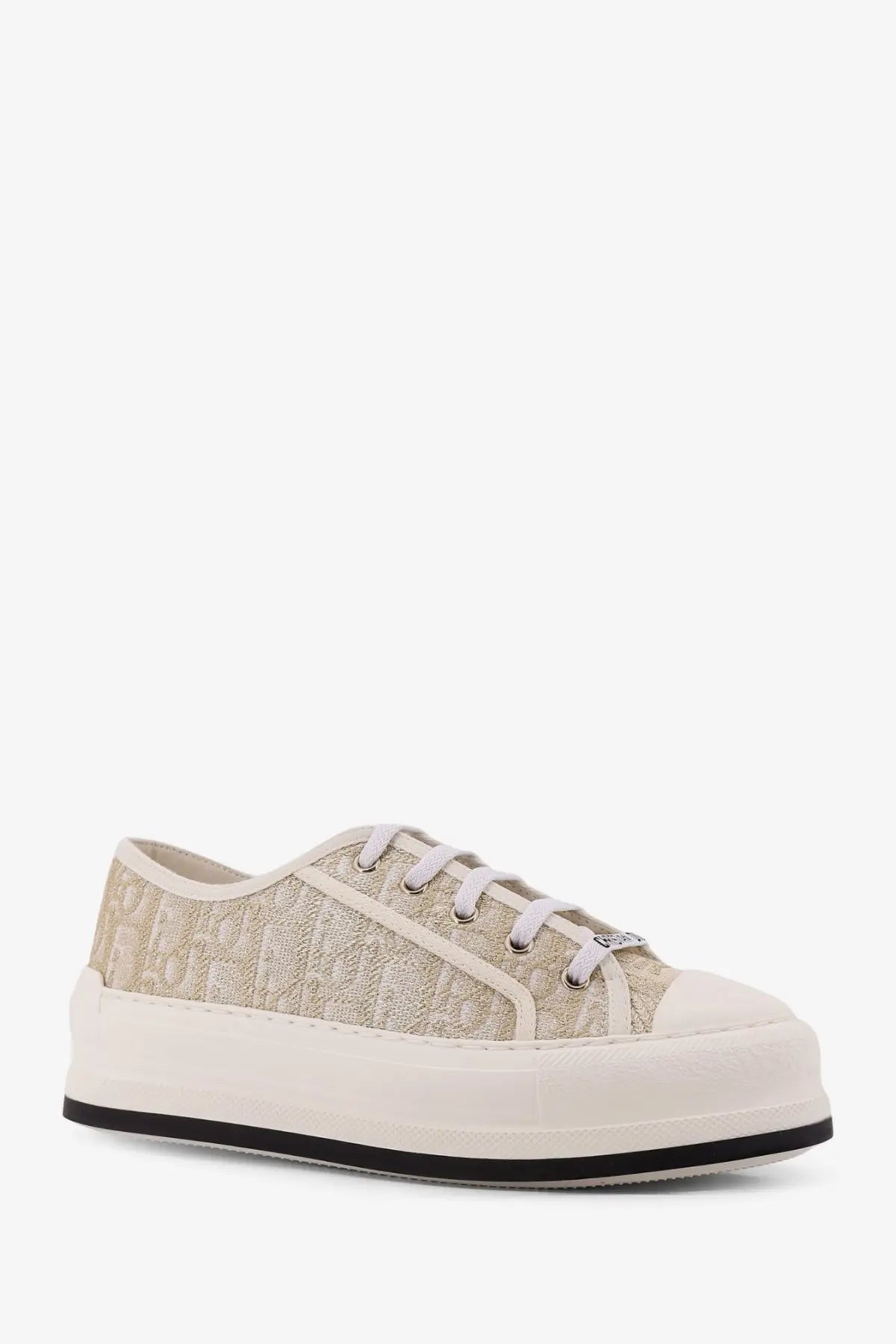 Beige Dior women’s canvas Walkndior platform sneaker with subtle pattern white laces and rubber sole