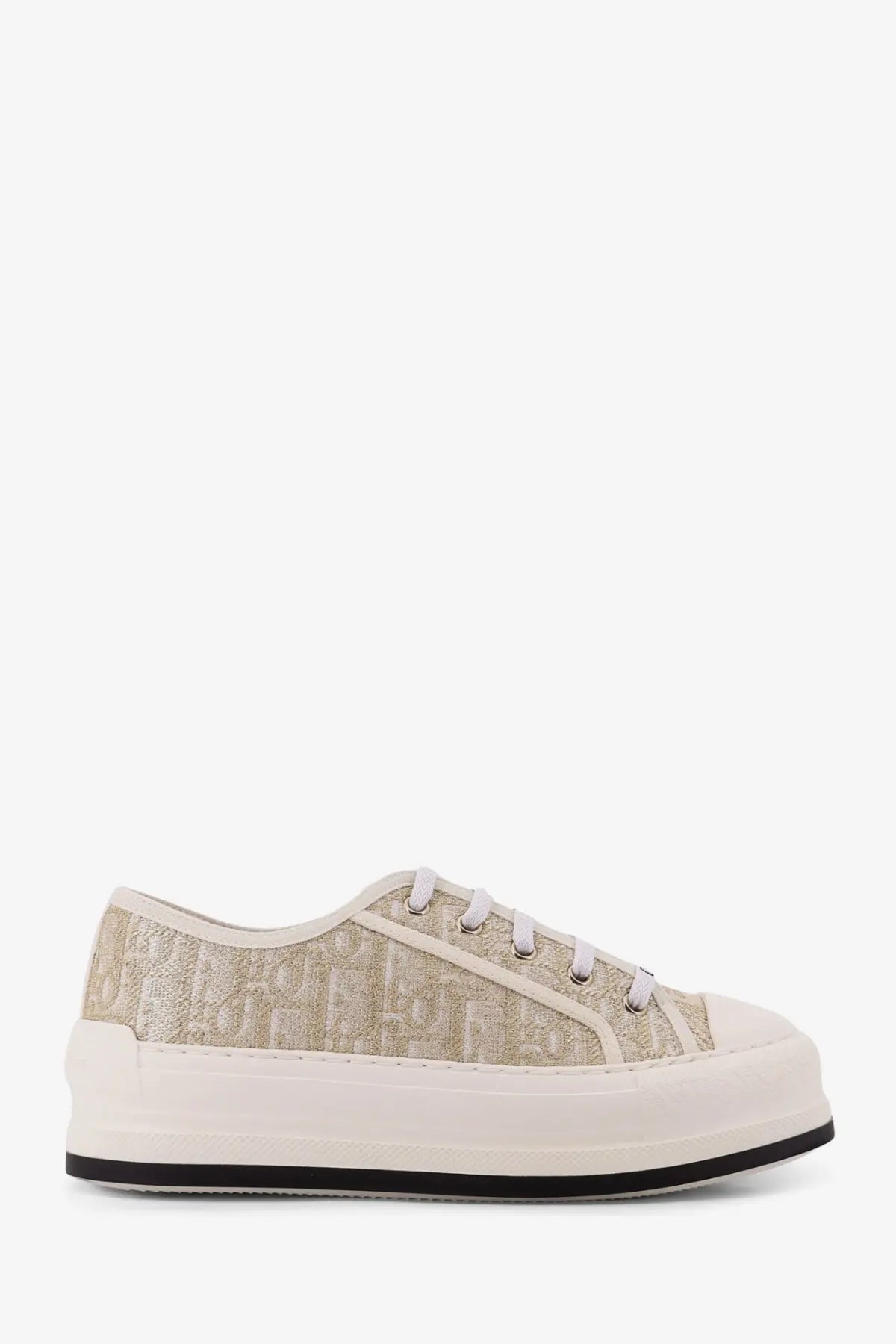 Beige Dior women’s canvas Walkndior platform sneaker with subtle textured pattern and white laces
