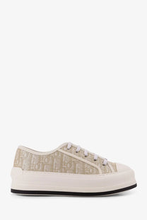 Beige Dior women’s canvas Walkndior platform sneaker with subtle textured pattern and white laces