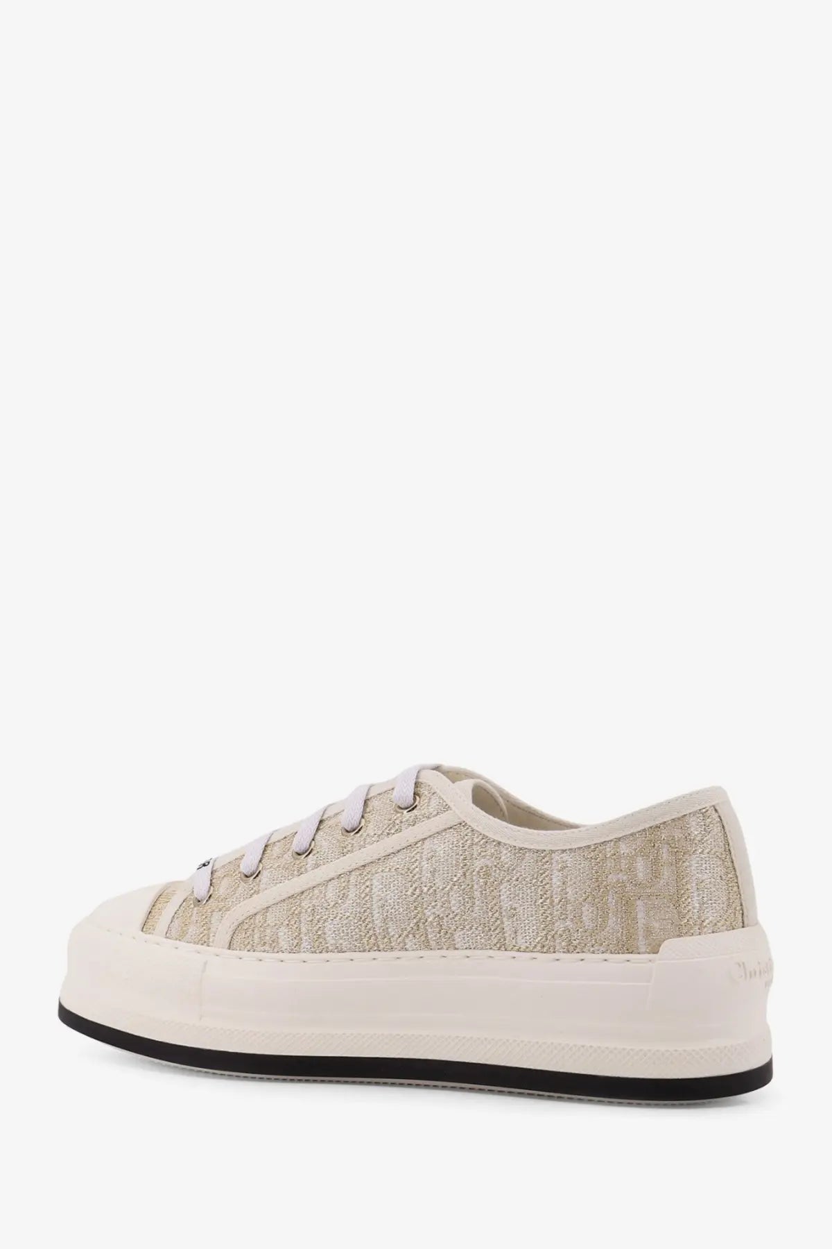Dior women’s beige canvas walkndior low-top sneakers with white laces and thick off-white platform sole
