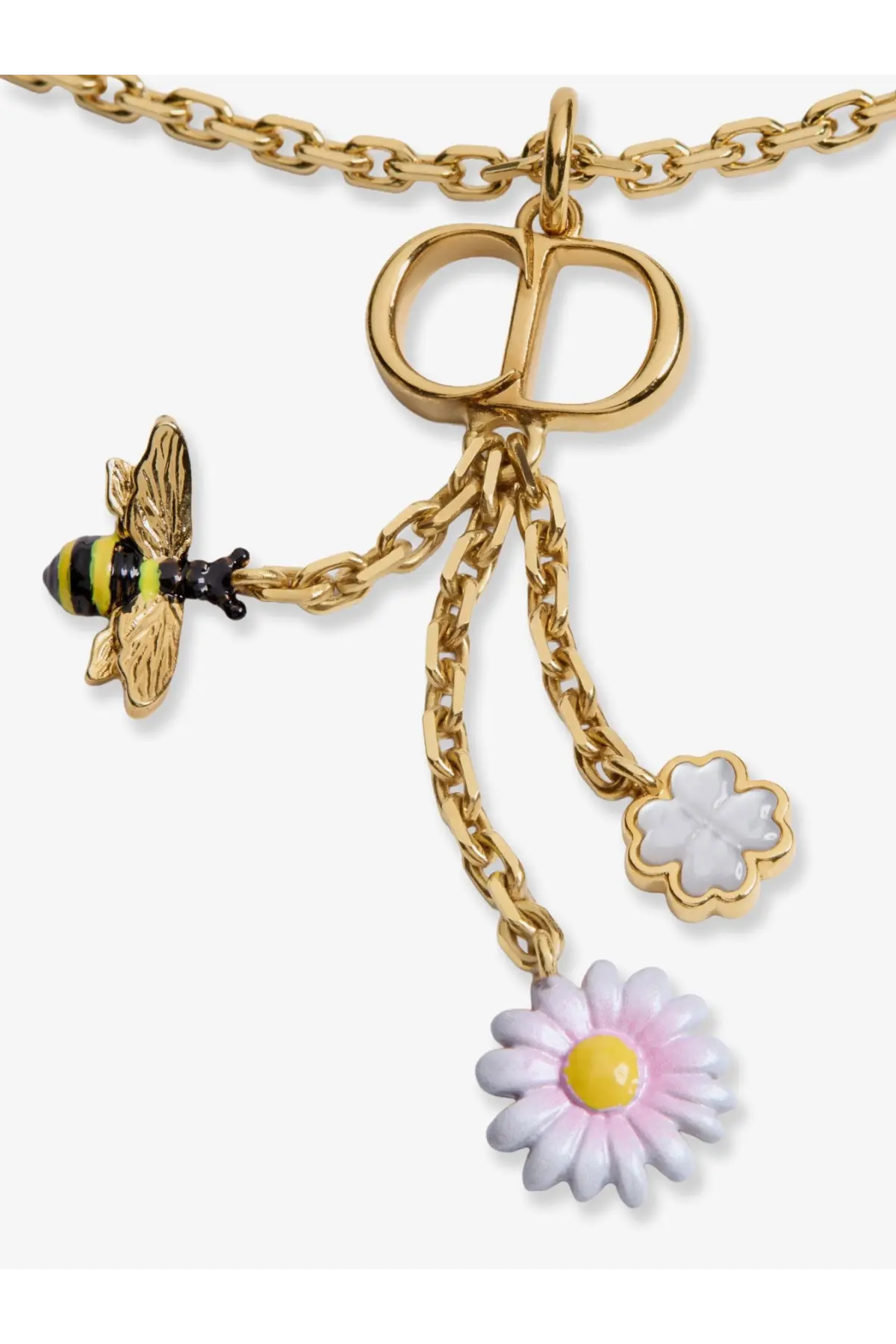 Gold-tone chain necklace with dior logo charm and white enamel bee and flower pendants for women by dior