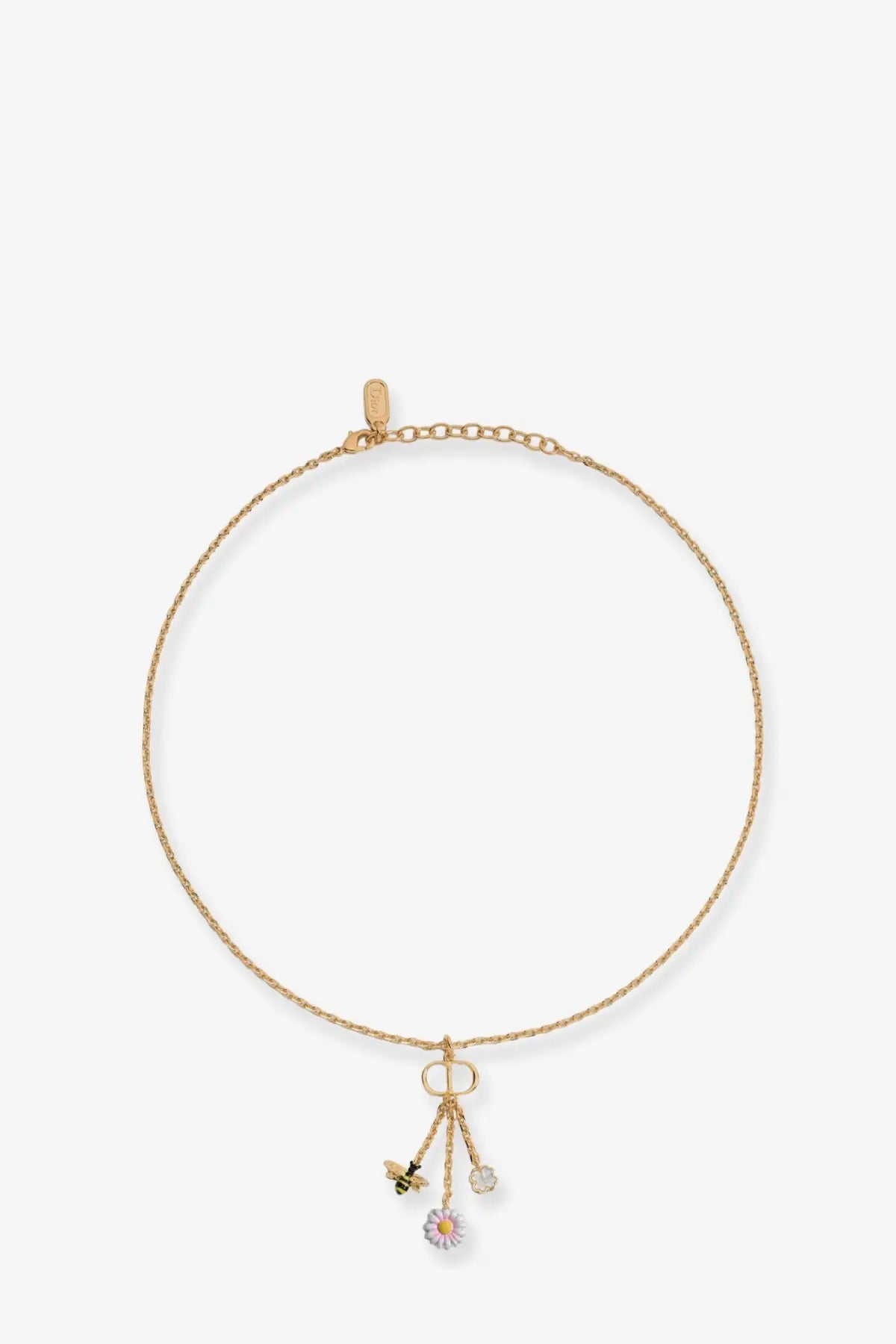 Dior women’s cd garden necklace white featuring a gold-toned chain with delicate bee and flower charms pendant