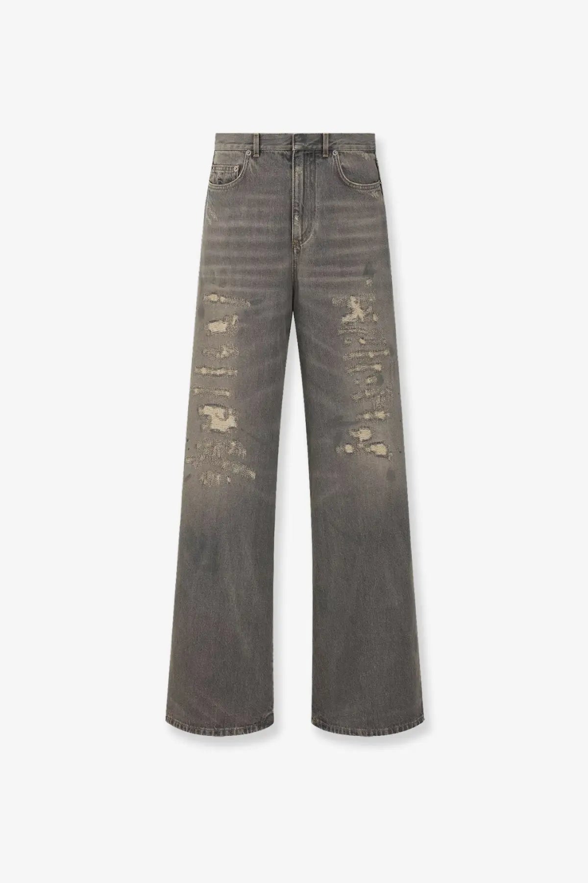 Dior women’s grey cotton distressed denim jeans with wide-leg cut and faded worn-in appearance