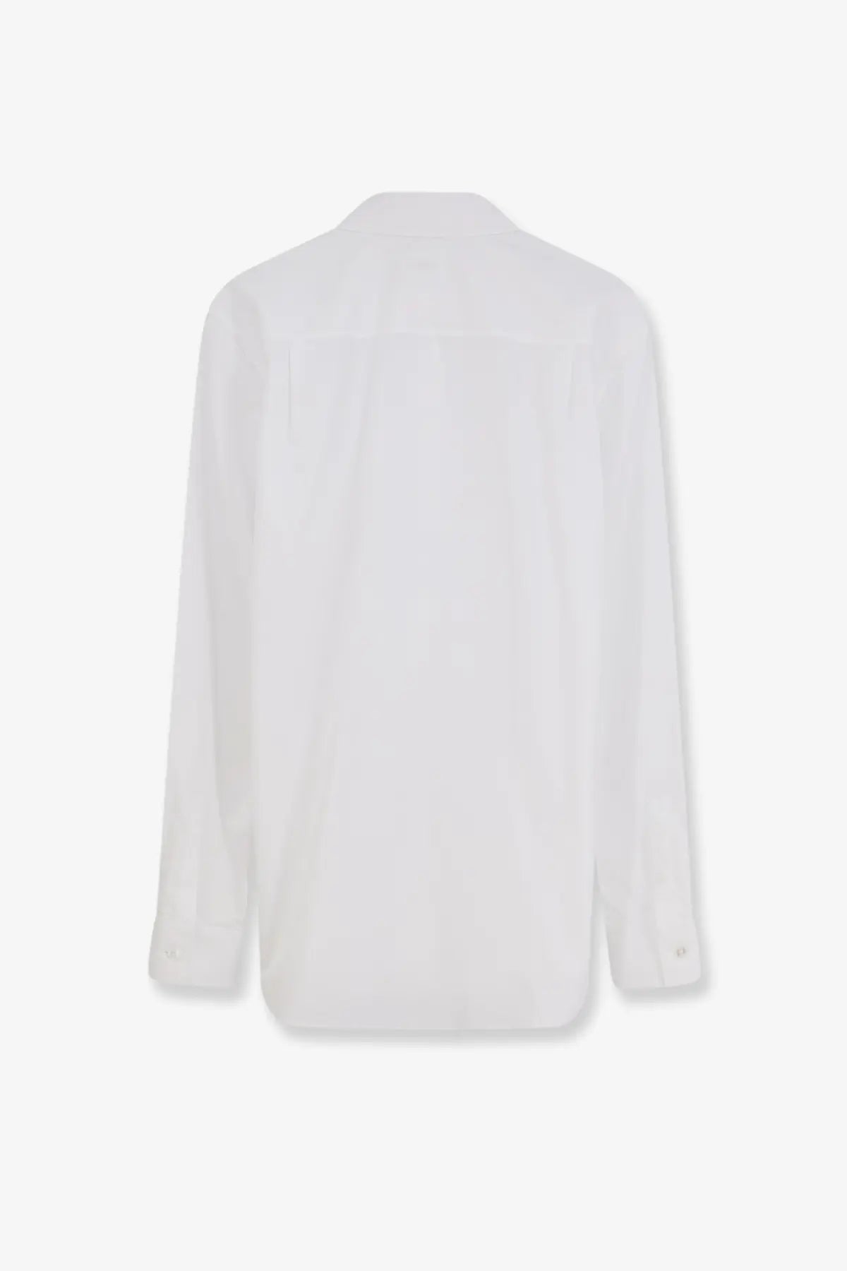 White Dior women’s cotton popelin long-sleeved shirt with classic collar and subtle pleats at the back