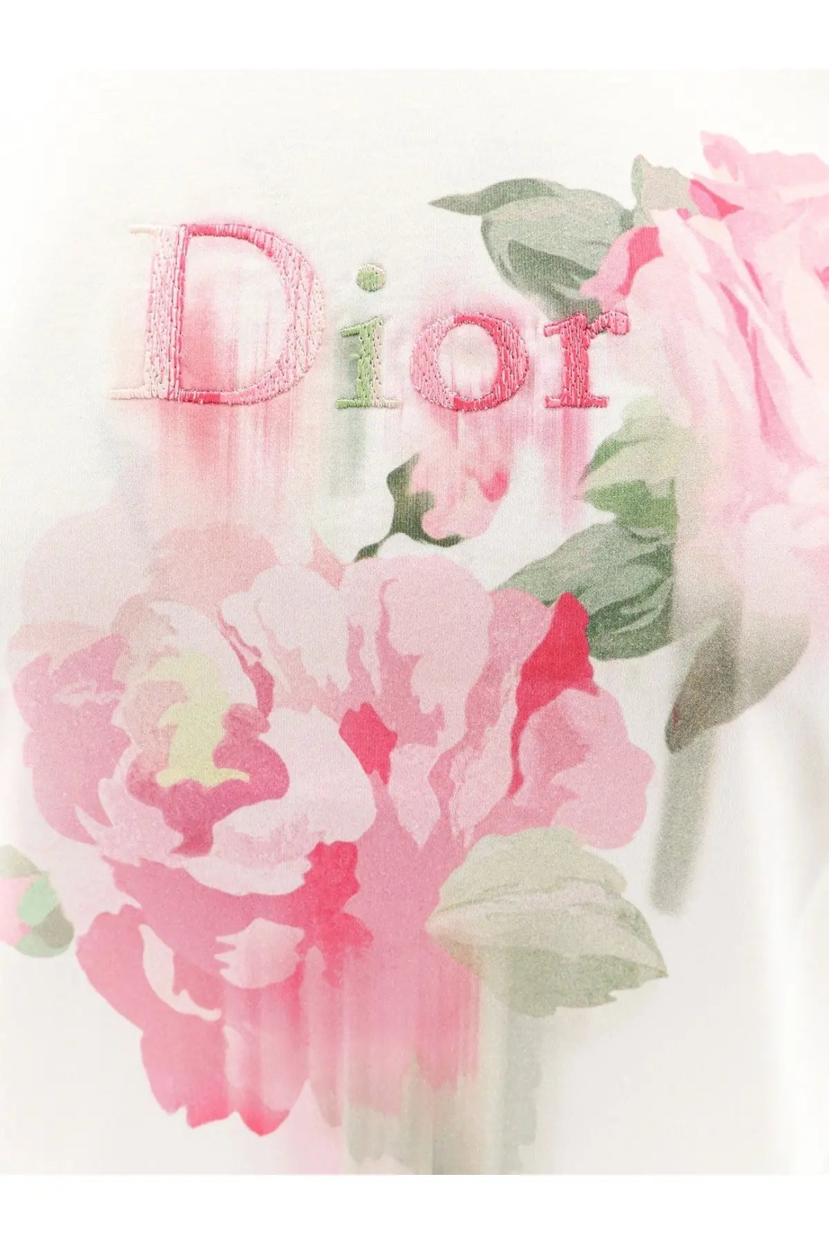 Dior women’s cotton t-shirt in pink and green floral print with embroidered dior logo on the front