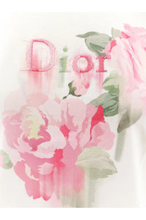 Dior women’s cotton t-shirt in pink and green floral print with embroidered dior logo on the front
