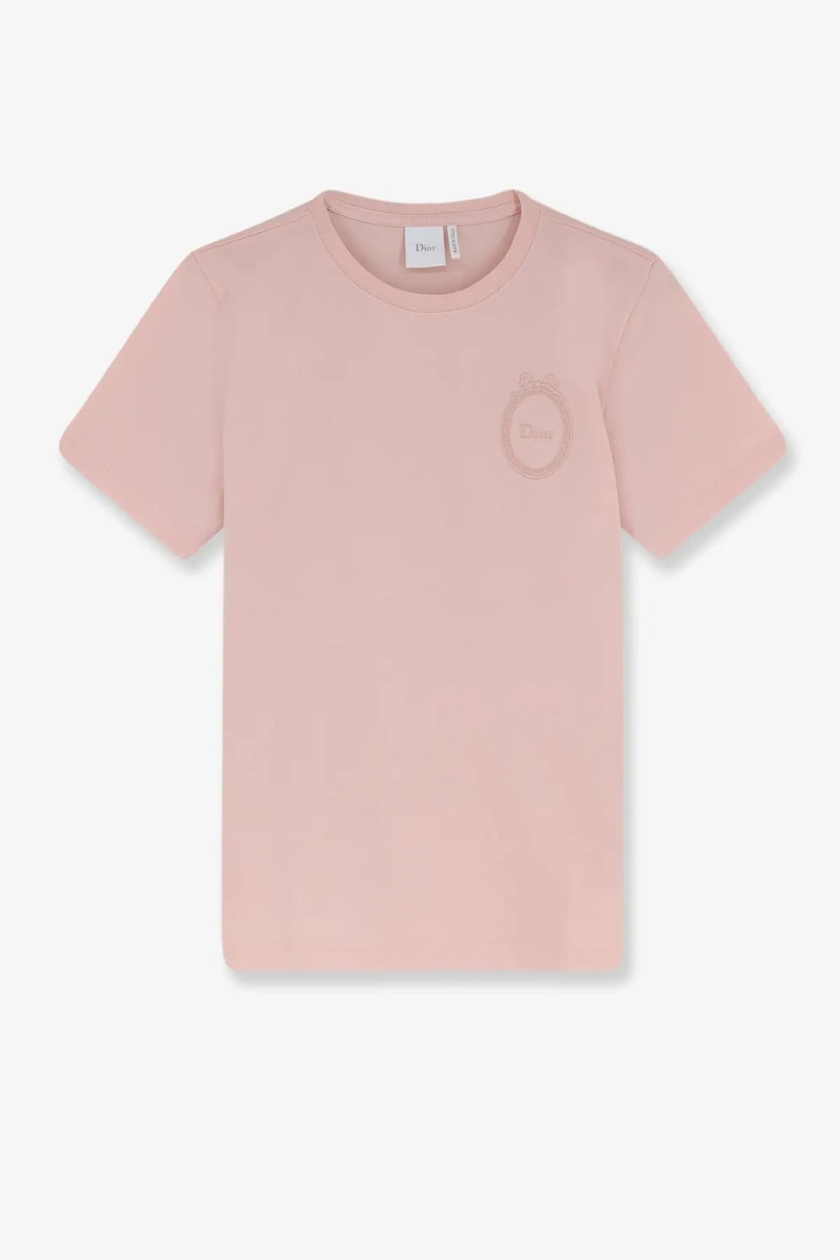 A soft pink dior women’s cotton t-shirt with a subtle embroidered logo on the chest