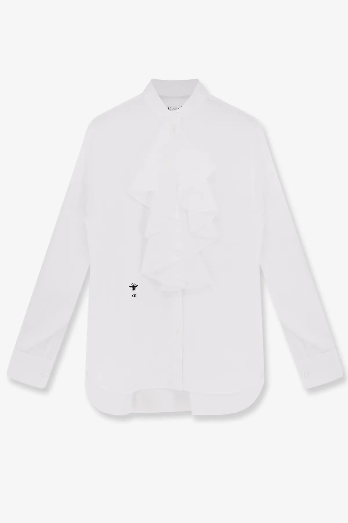 Dior women’s white cotton long-sleeved blouse with ruffled front panel and black embroidered logo on left chest