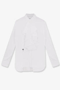 Dior women’s white cotton long-sleeved blouse with ruffled front panel and black embroidered logo on left chest