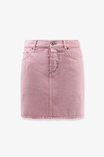 Dior women’s pink cotton denim mini skirt with frayed hem and classic front button closure