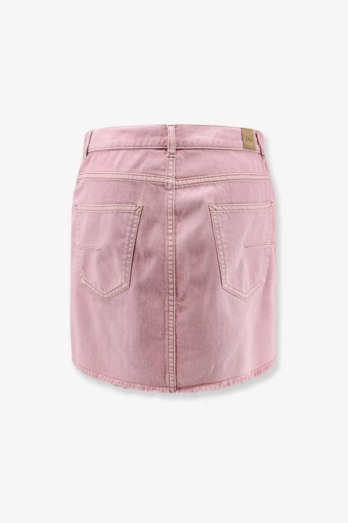 Pink denim mini skirt with frayed hem and back pockets from dior womens cotton skirt pink collection back view