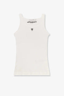 Cream-colored Dior women’s cotton tank top with black embroidered bee and cd logo at the center