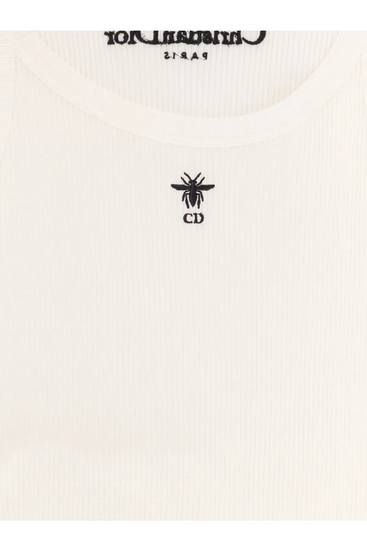 Dior women’s cream ribbed cotton top with black embroidered bee and cd logo at center chest