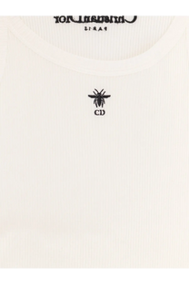 Dior women’s cream ribbed cotton top with black embroidered bee and cd logo at center chest