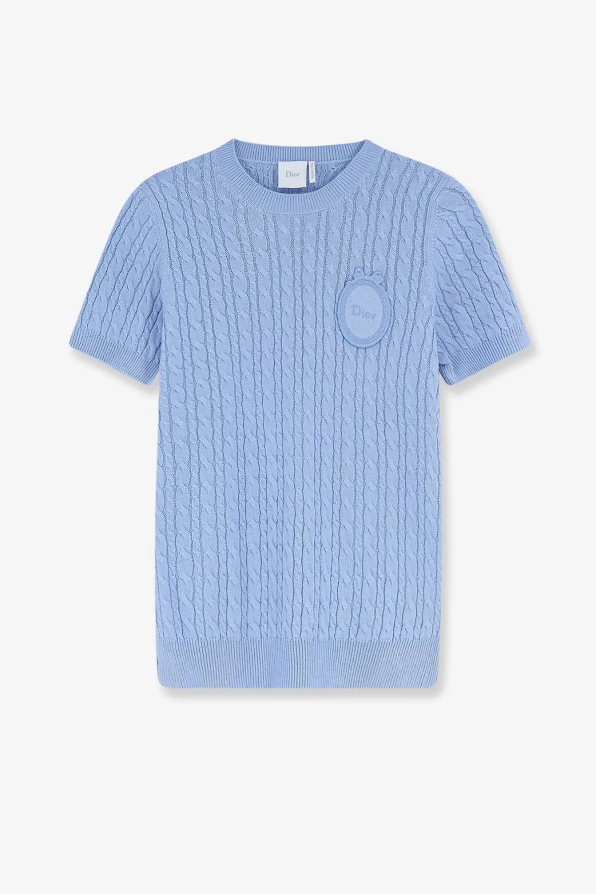 Light blue dior women’s cotton and wool blend cable knit short sleeve sweater with circular embroidered logo patch