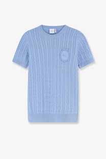 Light blue dior women’s cotton and wool blend cable knit short sleeve sweater with circular embroidered logo patch