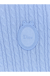 Light blue Dior women’s cotton and wool blend sweater with embroidered Dior logo patch and decorative bow