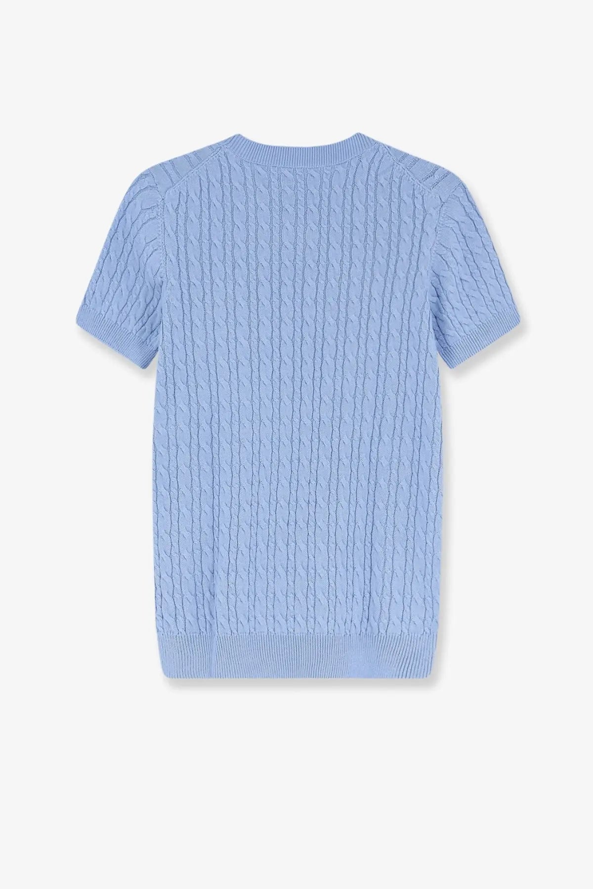 A light blue short-sleeved knit sweater with a textured cable-knit pattern in cotton and wool blend by Dior