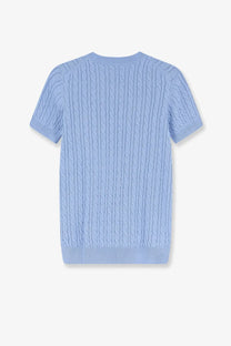 A light blue short-sleeved knit sweater with a textured cable-knit pattern in cotton and wool blend by Dior