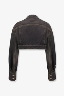 Dior women’s black denim cropped jacket with buttoned cuffs and classic collar in durable denim material