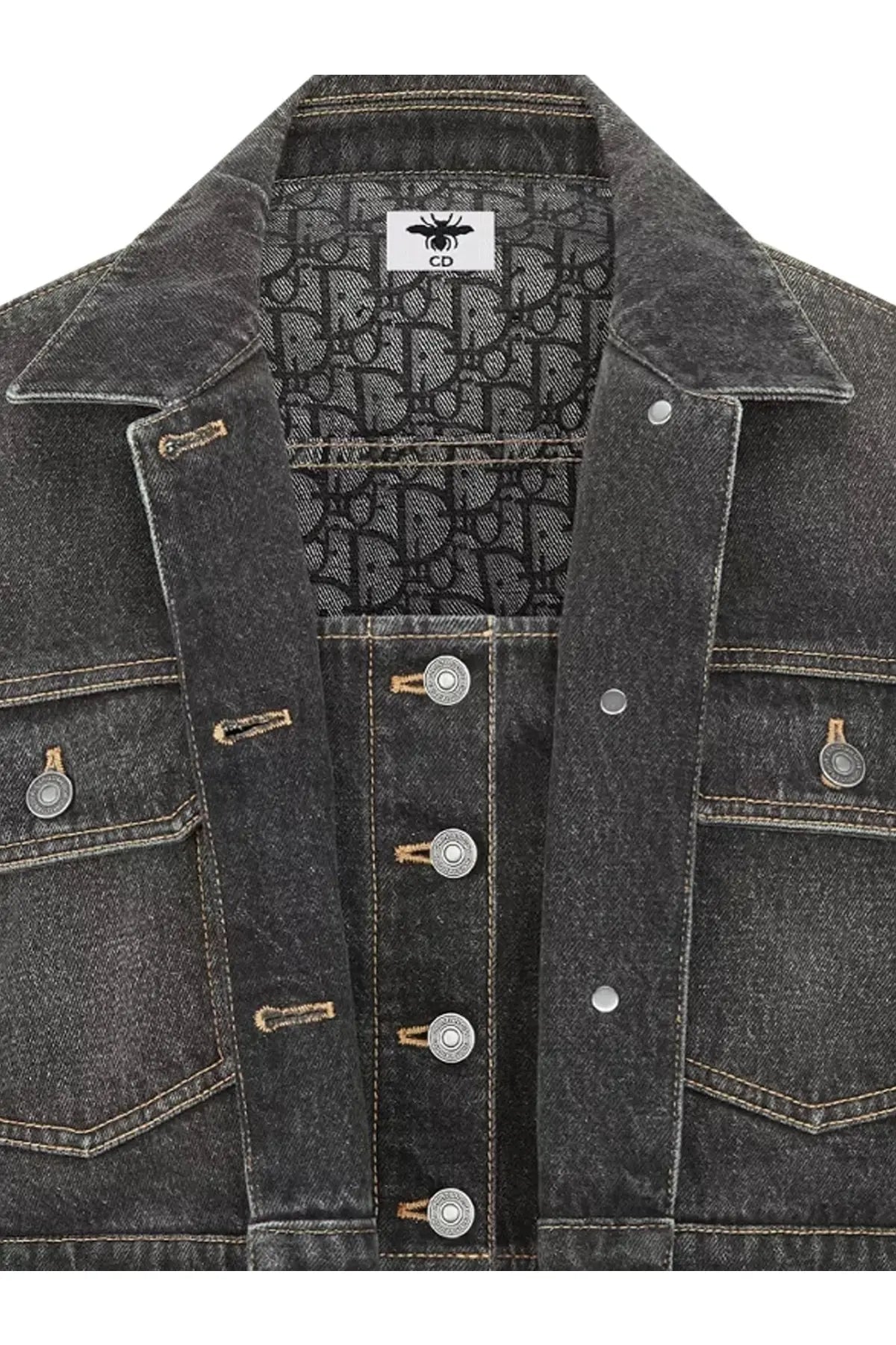 Dior women’s black dark gray denim jacket with silver buttons and black interior lining featuring Dior oblique pattern