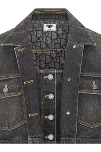 Dior women’s black dark gray denim jacket with silver buttons and black interior lining featuring Dior oblique pattern