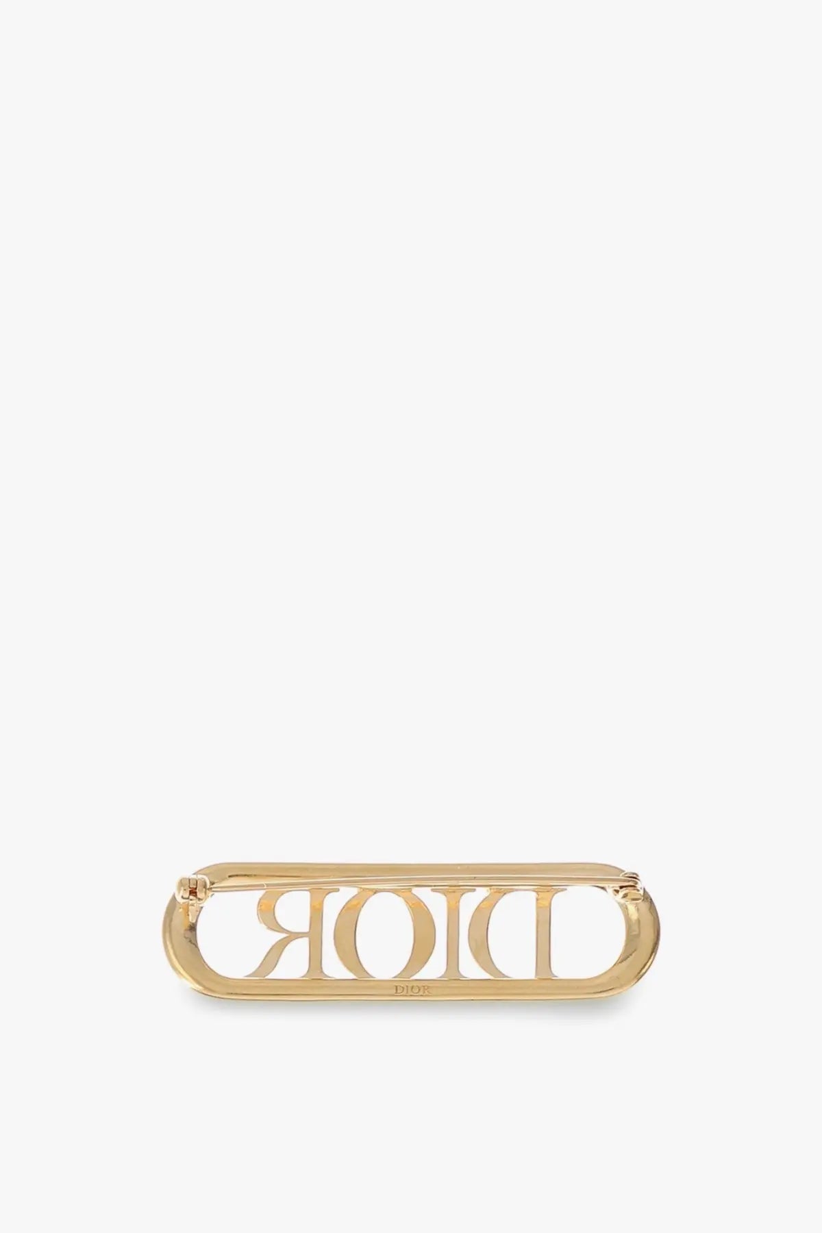 Gold tone dior logo brass brooch with sleek elongated rectangular design and polished metal finish for women