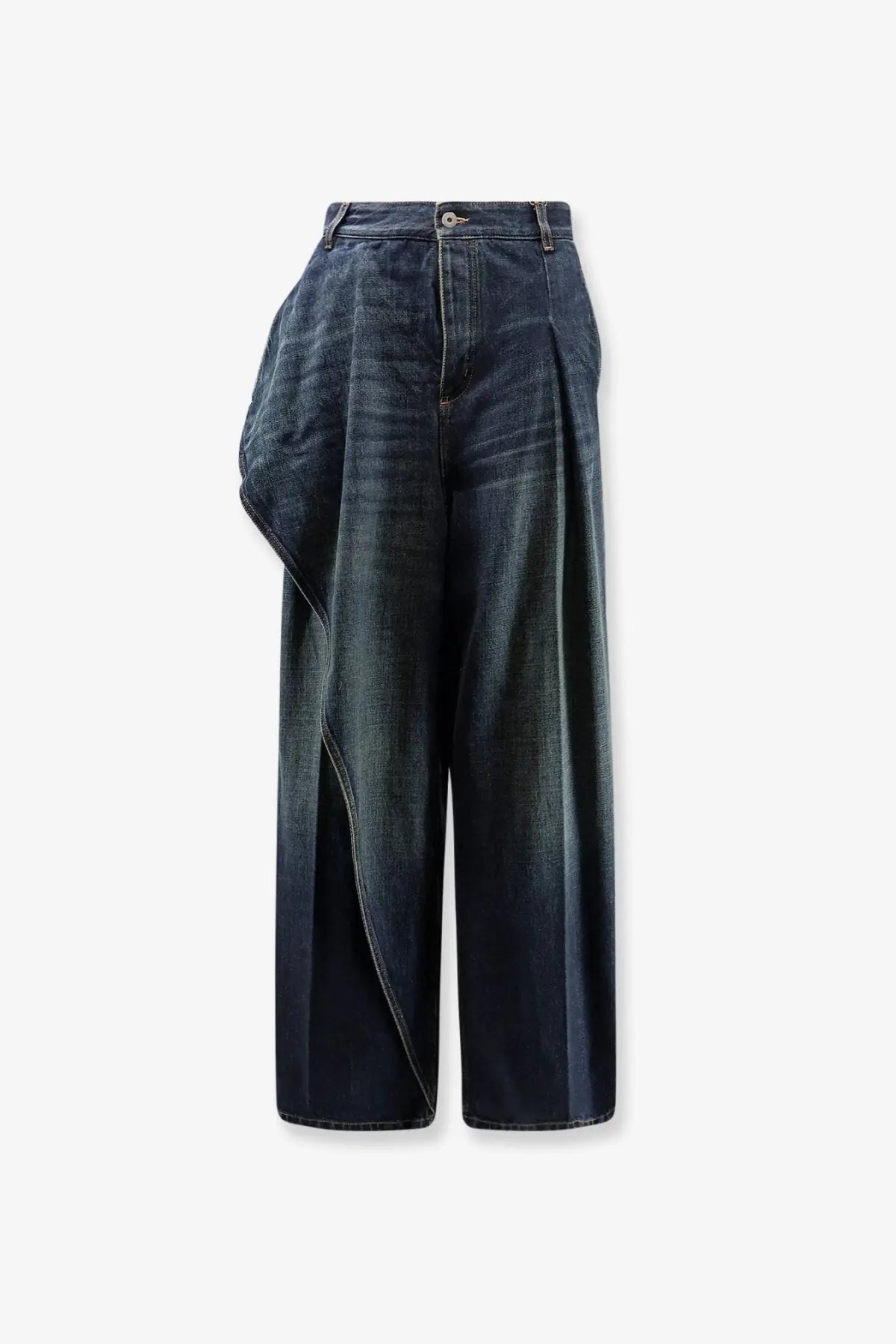 Dark blue denim high waist draped flared jeans with asymmetrical pleated design by dior women