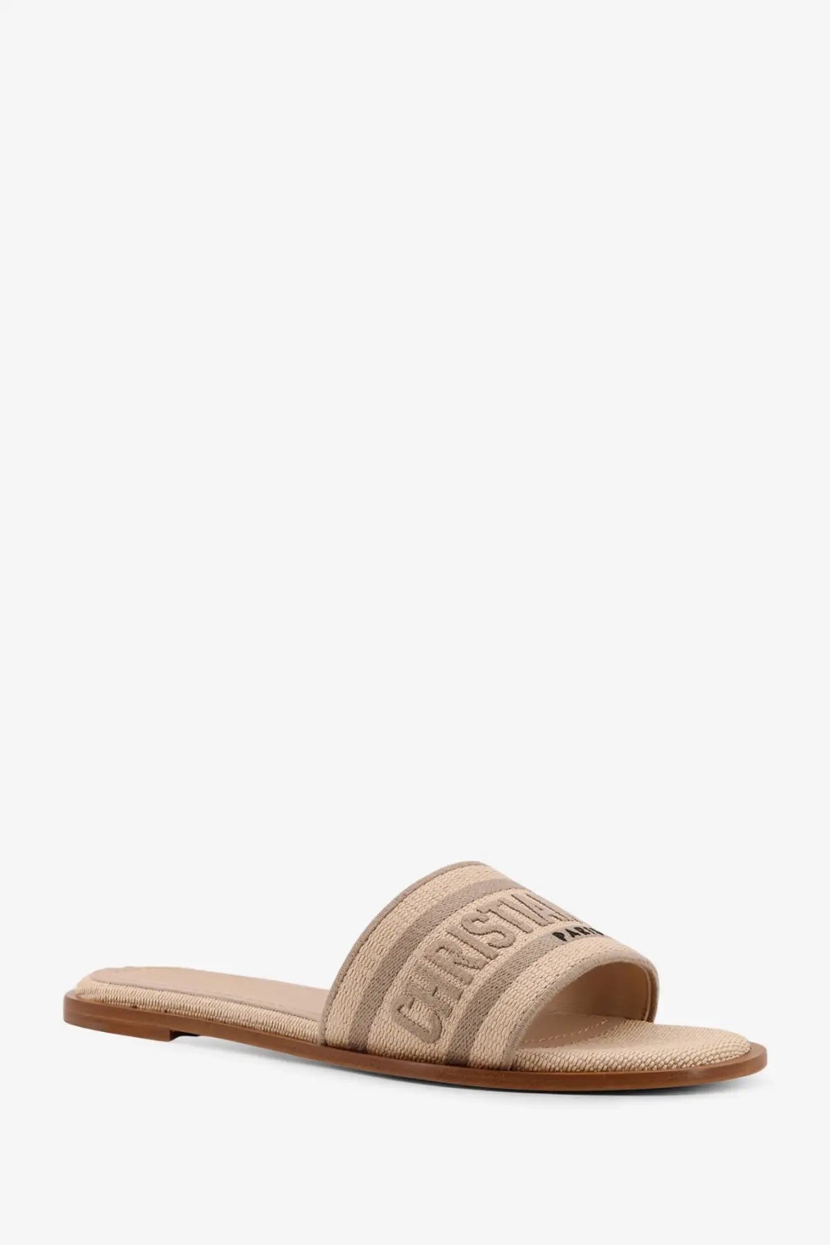 Beige canvas slide sandal with christian embroidered in matching tone on strap from dior womens dway dioriviera flats