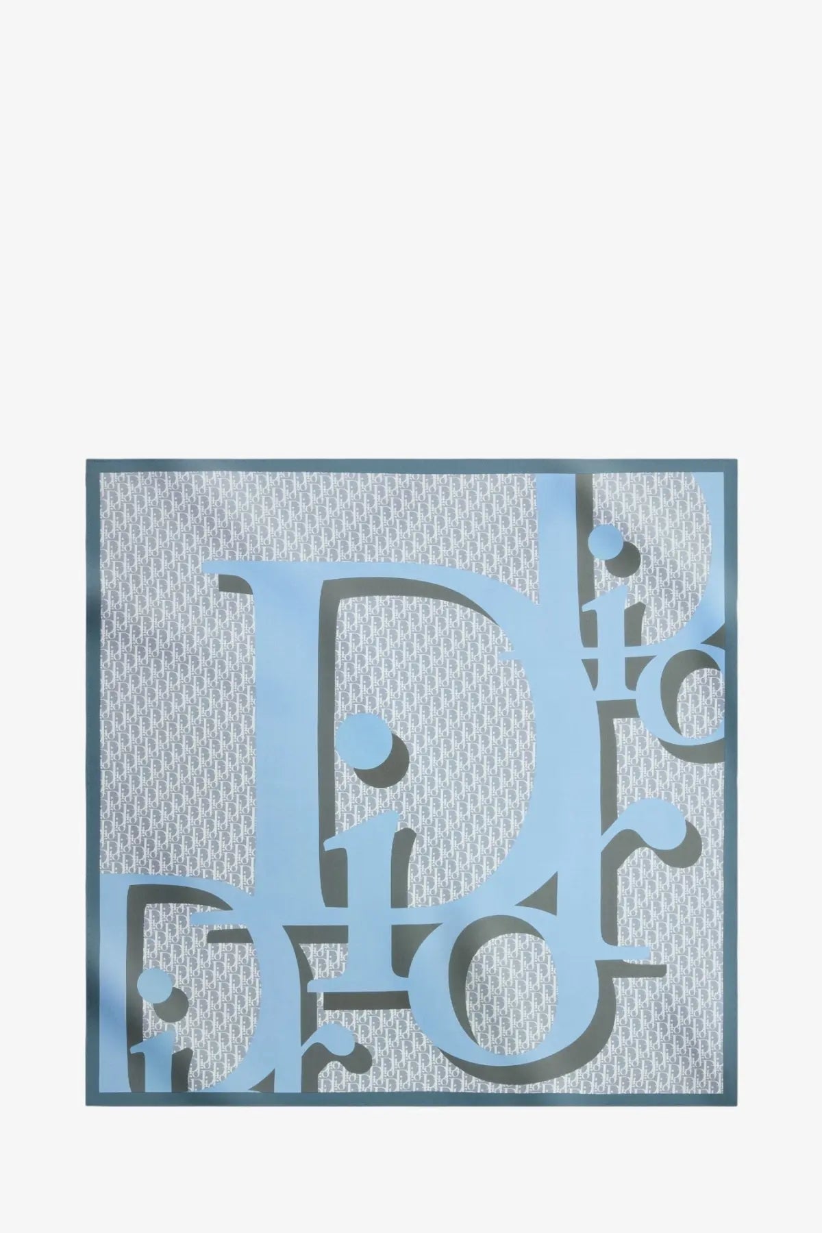 Light blue Dior women’s Dior infini squared foulard scarf with subtle textured background and bold layered lettering