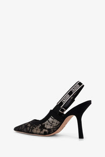Dior women’s Jadior black lace slingback pump with high heel and branded strap visible from the back side