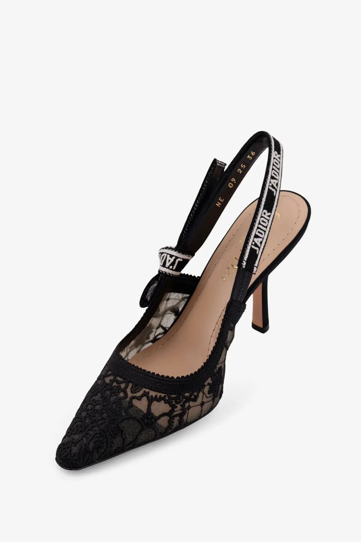 Dior women’s Jadior black lace slingback pump with branded strap and pointed toe in front view
