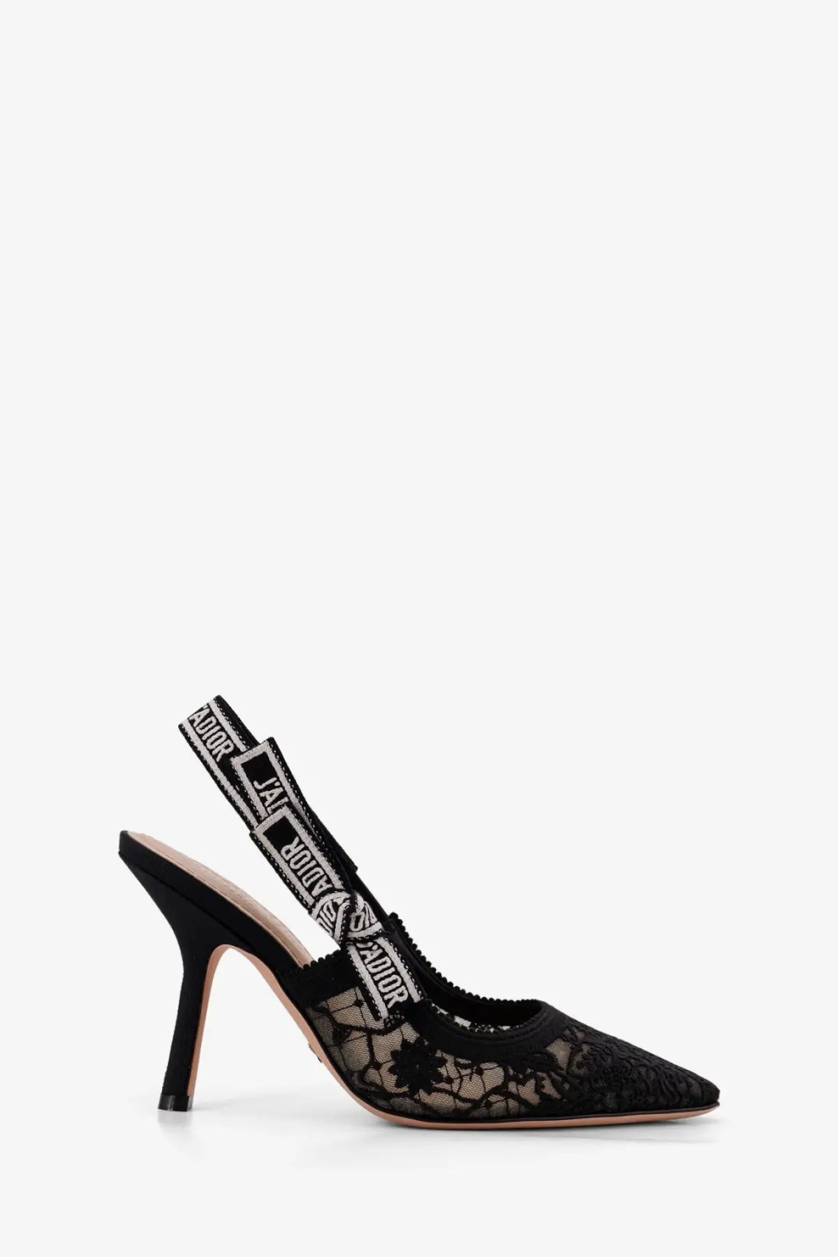 Dior women’s Jadior black lace slingback pump with branded strap and slender heel, shown from the back side