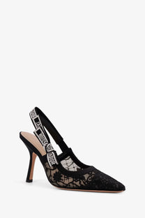 Black lace dior women’s jadior slingback pump with branded strap and slender heel